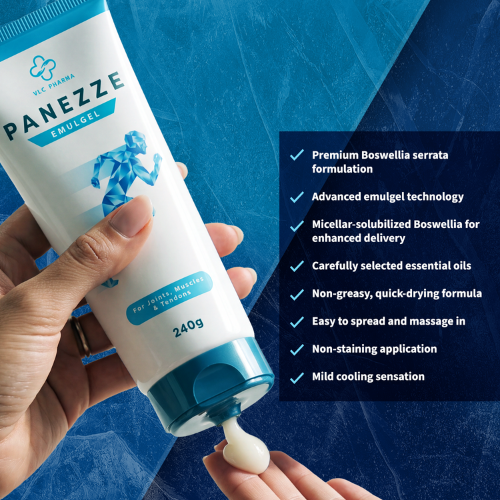 Panezze topical emulgel featuring micellar solubilized Boswellia, ideal for muscles, tendons & joints.